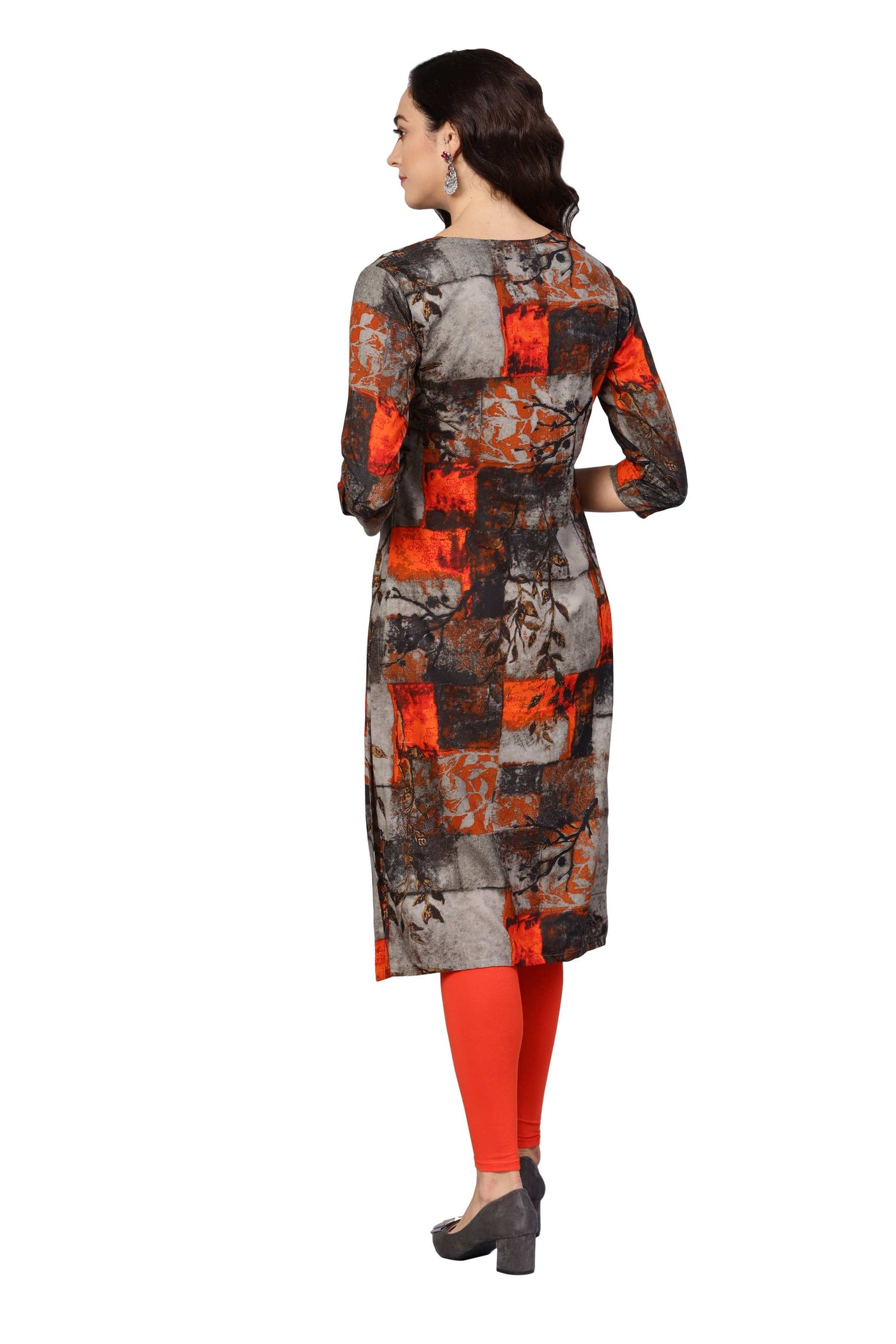 Women's Black Cotton Printed 3/4 Sleeve V-Neck Kurta Only