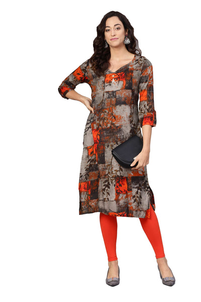Women's Black Cotton Printed 3/4 Sleeve V-Neck Kurta Only
