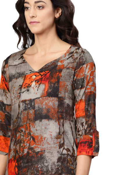 Women's Black Cotton Printed 3/4 Sleeve V-Neck Kurta Only