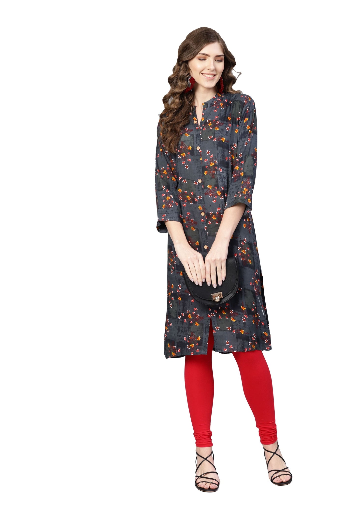 Women's Black Rayon Printed Full Sleeve Collar Neck Kurta Only