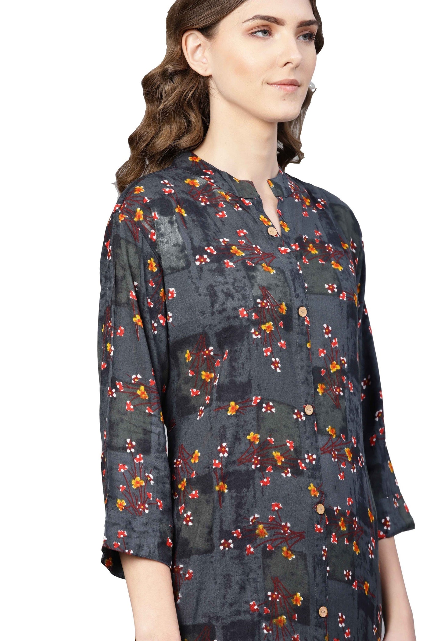 Women's Black Rayon Printed Full Sleeve Collar Neck Kurta Only