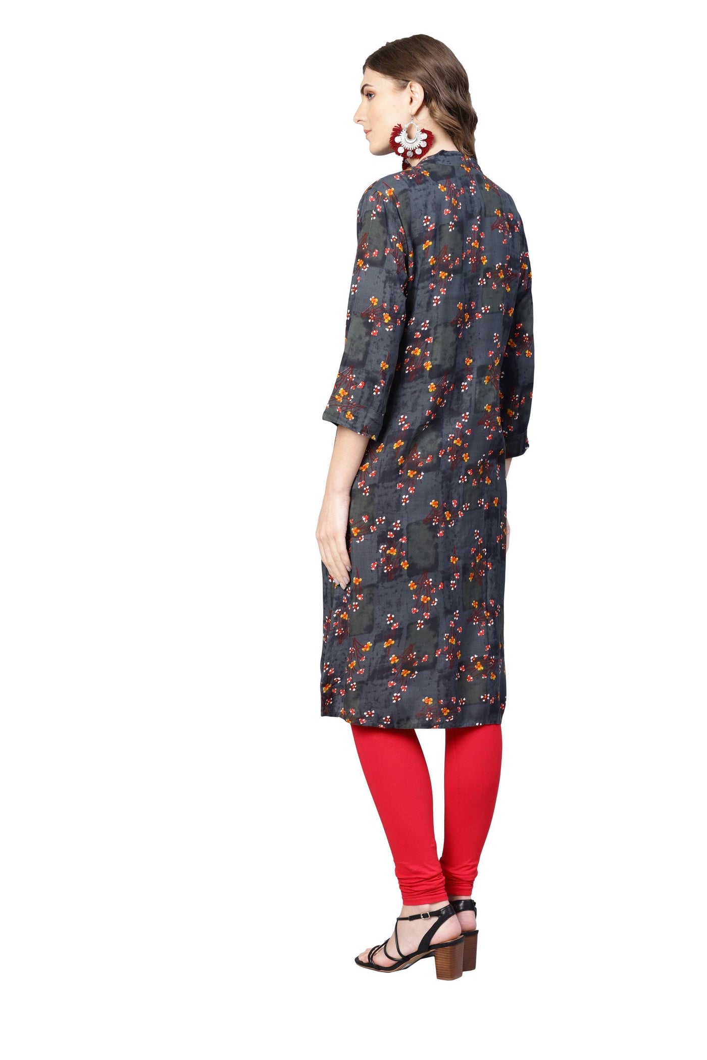 Women's Black Rayon Printed Full Sleeve Collar Neck Kurta Only