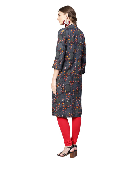 Women's Black Rayon Printed Full Sleeve Collar Neck Kurta Only