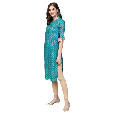 Women's Green Cotton Half Sleeve Round Neck Printed Kurta Only