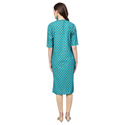 Women's Green Cotton Half Sleeve Round Neck Printed Kurta Only