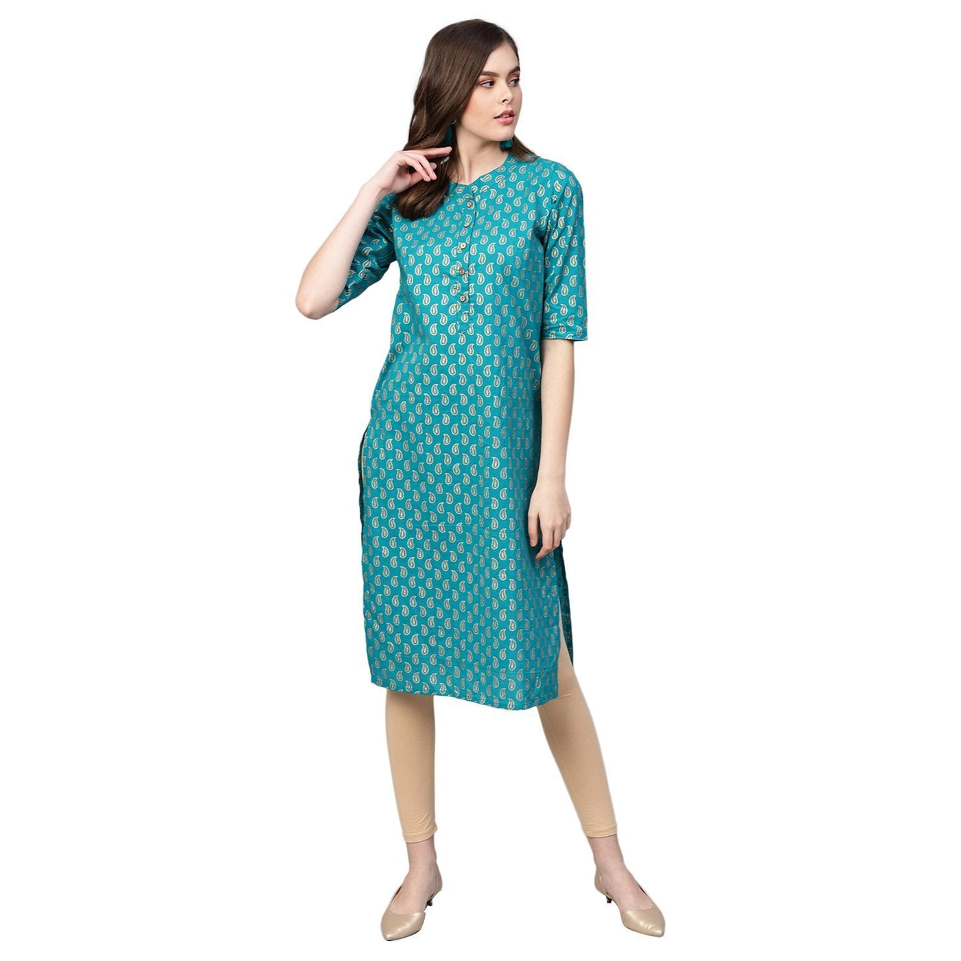 Women's Multi Rayon 3/4 Sleeve Round Neck Printed Kurta Only