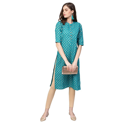Women's Green Cotton Half Sleeve Round Neck Printed Kurta Only