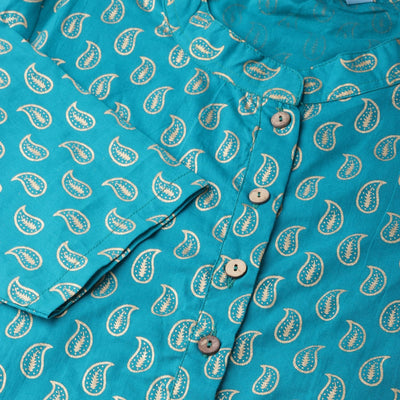 Women's Green Cotton Half Sleeve Round Neck Printed Kurta Only