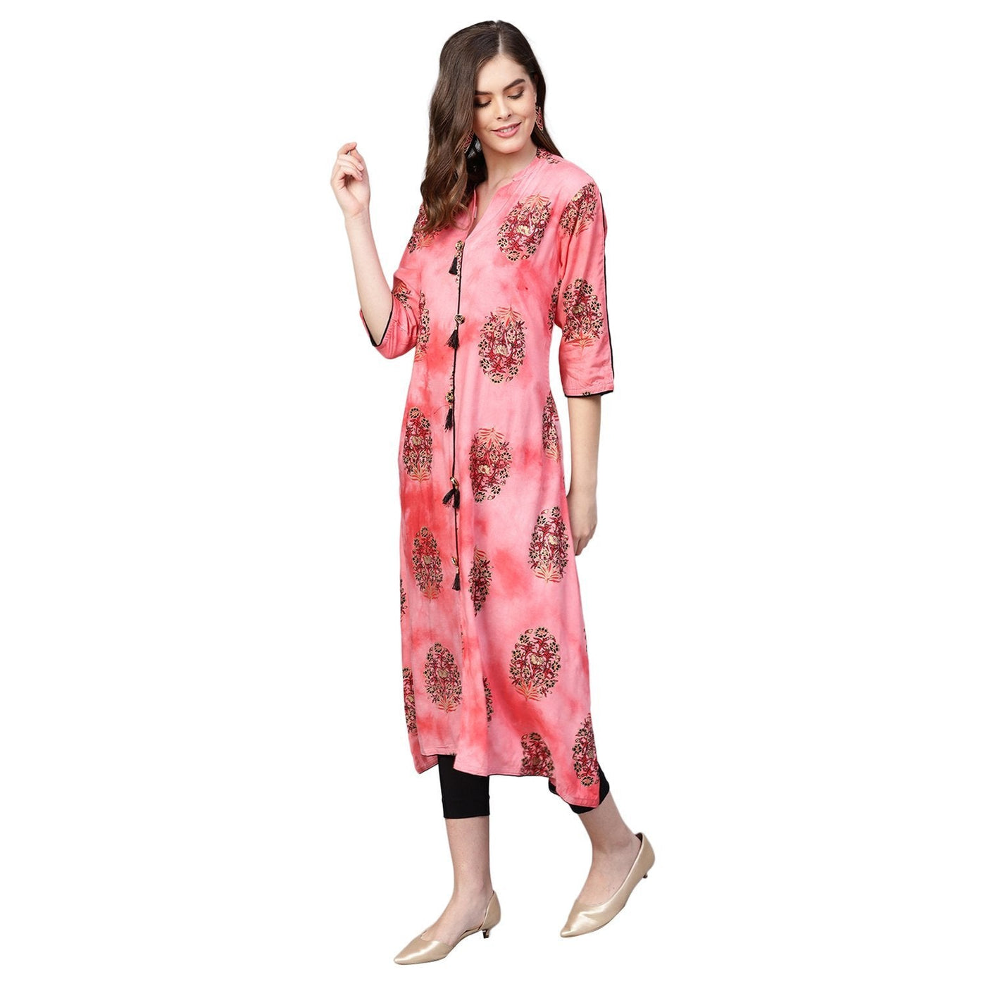 Women's Pink Rayon Printed 3/4 Sleeve Round Neck Kurti