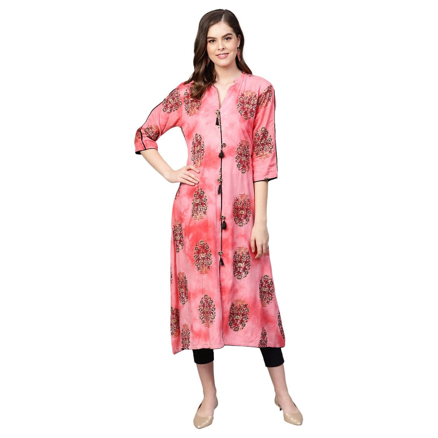 Women's Pink Rayon Printed 3/4 Sleeve Round Neck Kurti