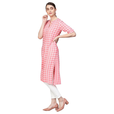 Women's Pink Printed Rayon Half Sleeve Round Neck Kurti