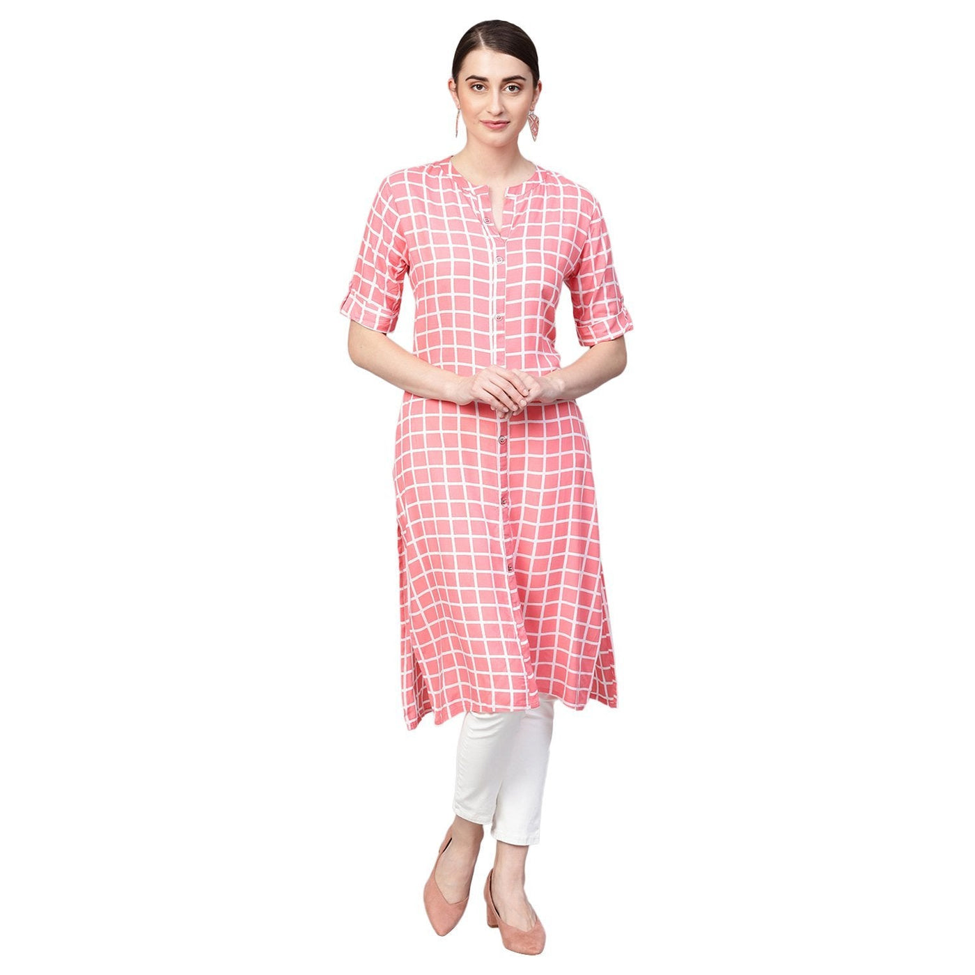 Women's Pink Printed Rayon Half Sleeve Round Neck Kurti