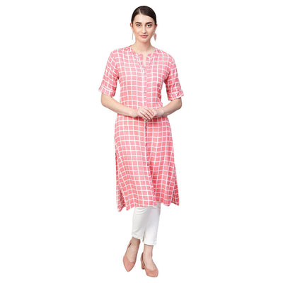 Women's Pink Printed Rayon Half Sleeve Round Neck Kurti