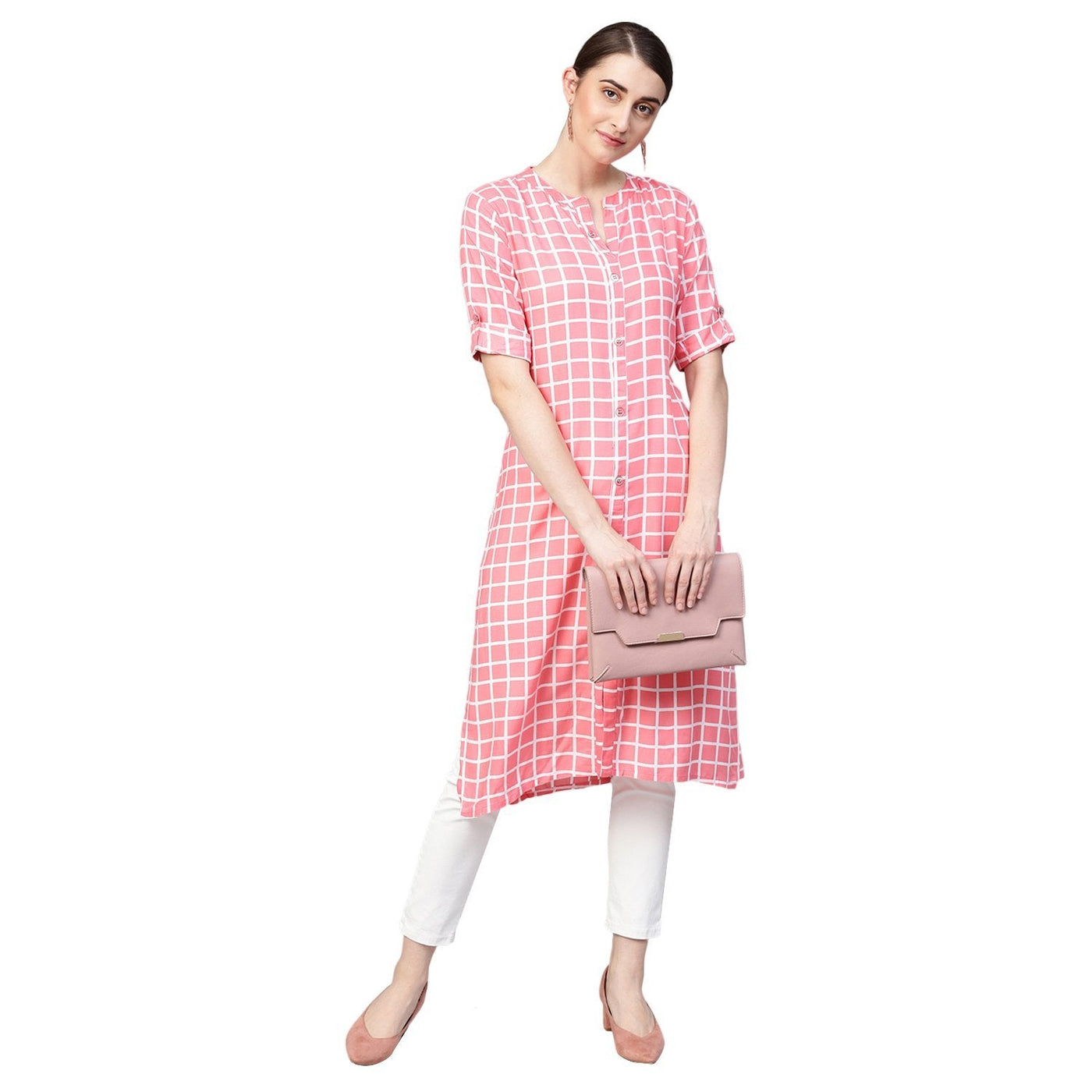 Women's Pink Printed Rayon Half Sleeve Round Neck Kurti
