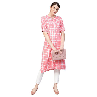 Women's Pink Printed Rayon Half Sleeve Round Neck Kurti