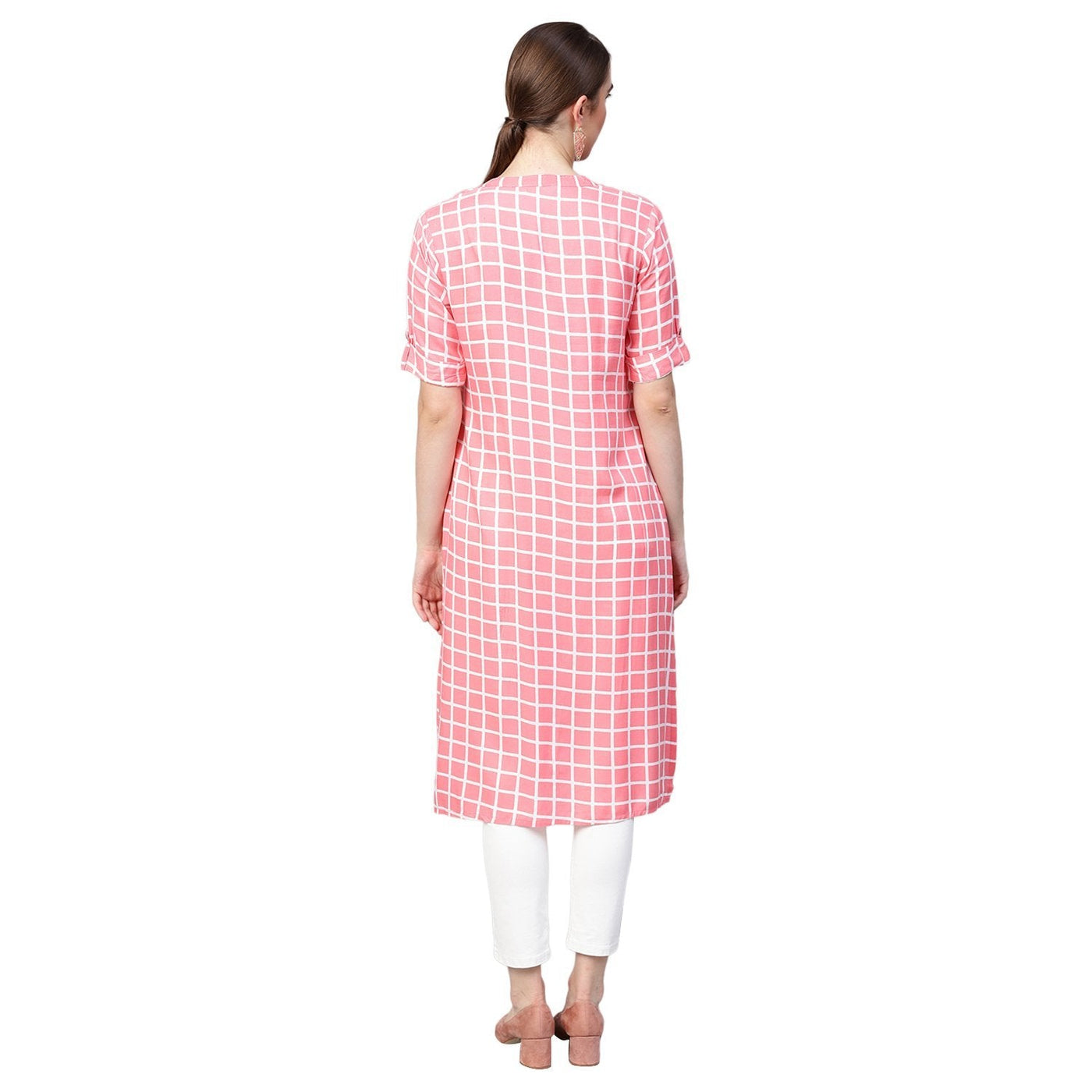 Women's Pink Printed Rayon Half Sleeve Round Neck Kurti