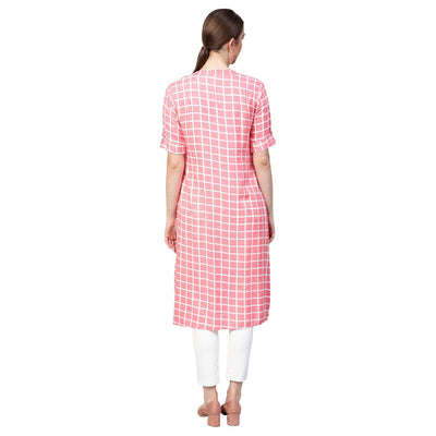 Women's Pink Printed Rayon Half Sleeve Round Neck Kurti