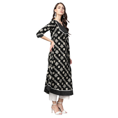 Women's Black Cotton Printed Half Sleeve Casual Anarkali Kurta Only
