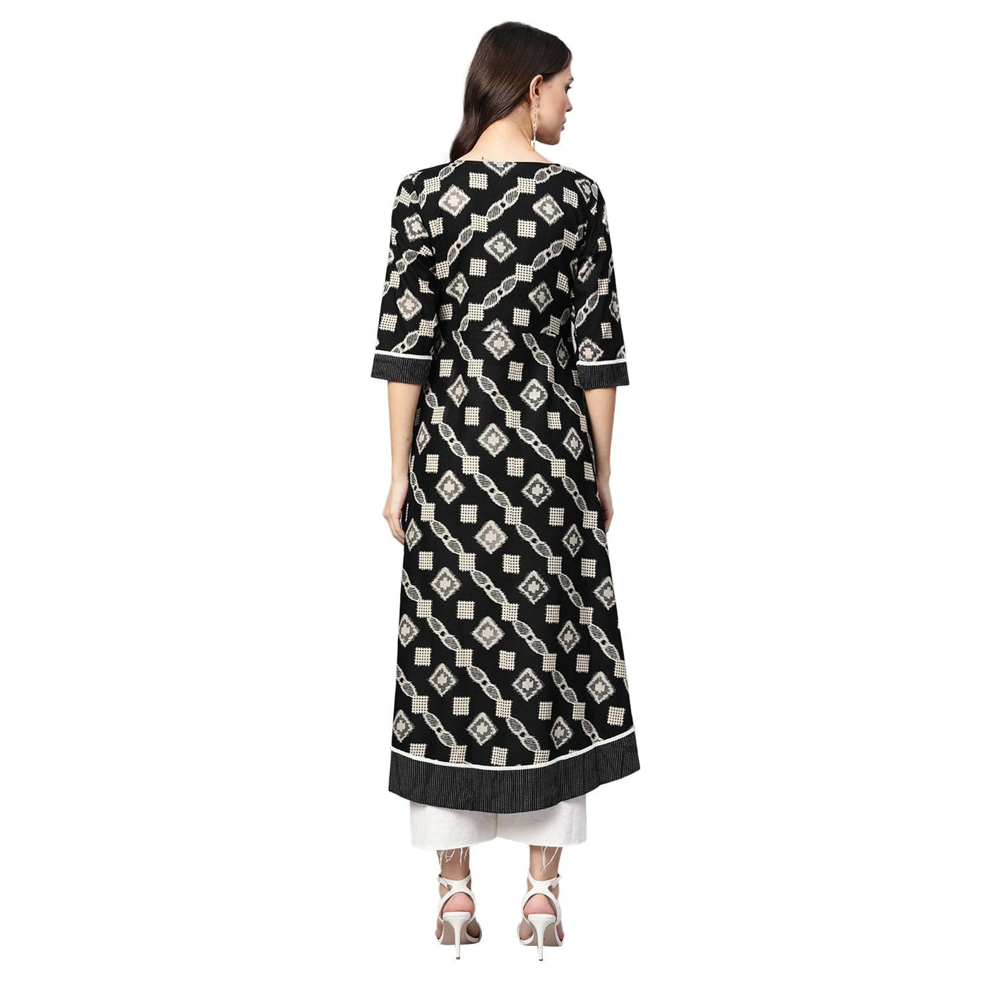Women's Black Cotton Printed Half Sleeve Casual Anarkali Kurta Only