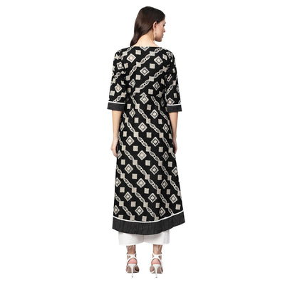 Women's Black Cotton Printed Half Sleeve Casual Anarkali Kurta Only