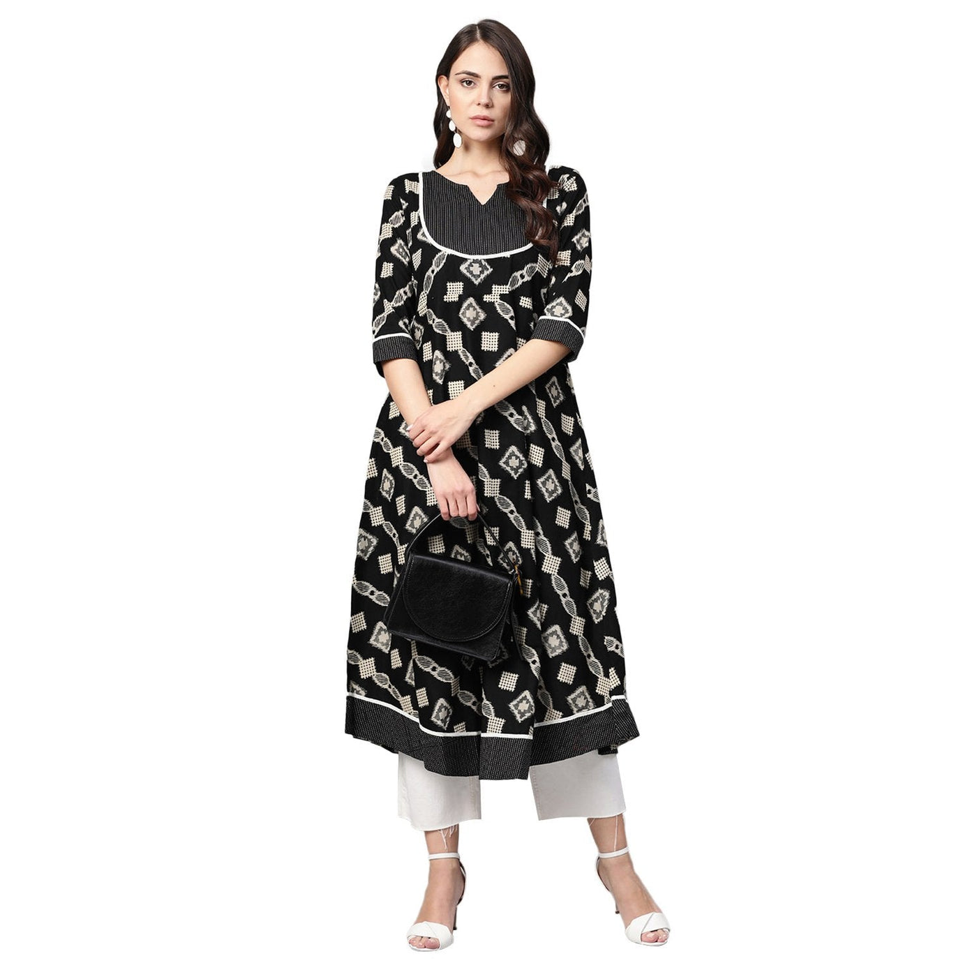Women's Black Cotton Printed Half Sleeve Casual Anarkali Kurta Only