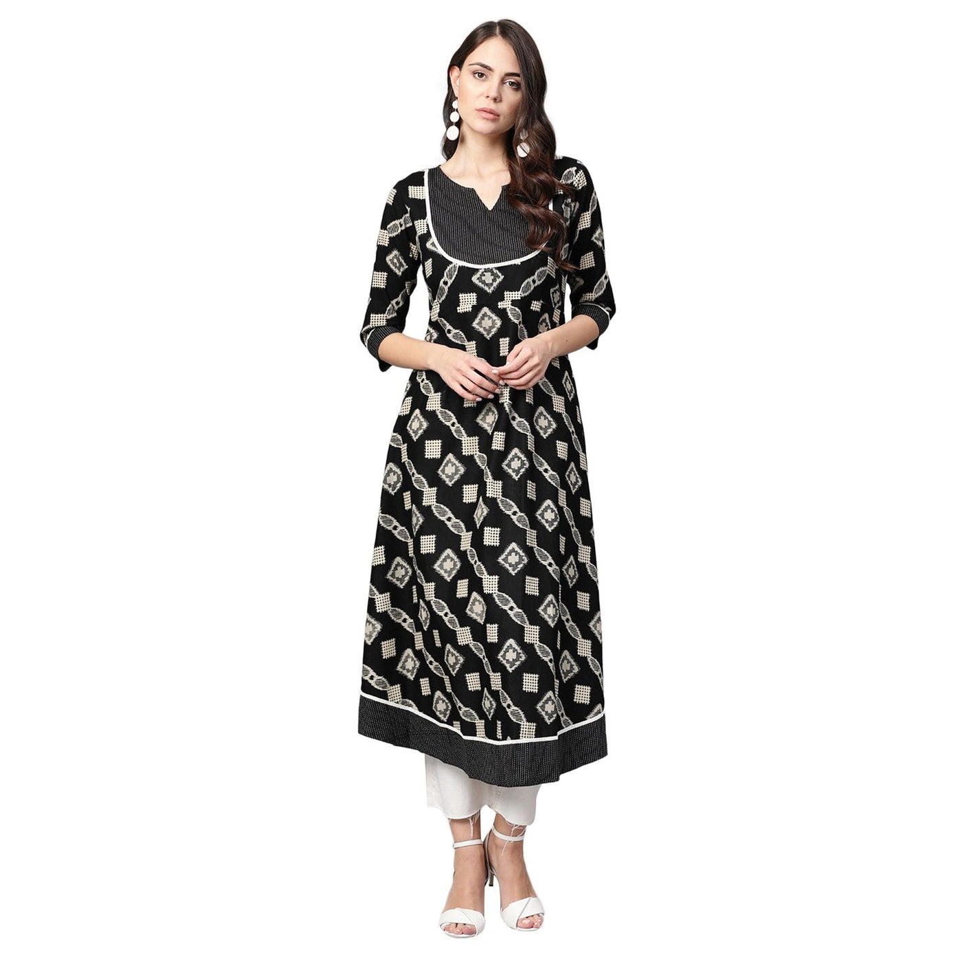 Women's Black Cotton Printed Half Sleeve Casual Anarkali Kurta Only