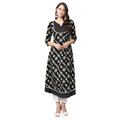Women's Black Cotton Printed Half Sleeve Casual Anarkali Kurta Only