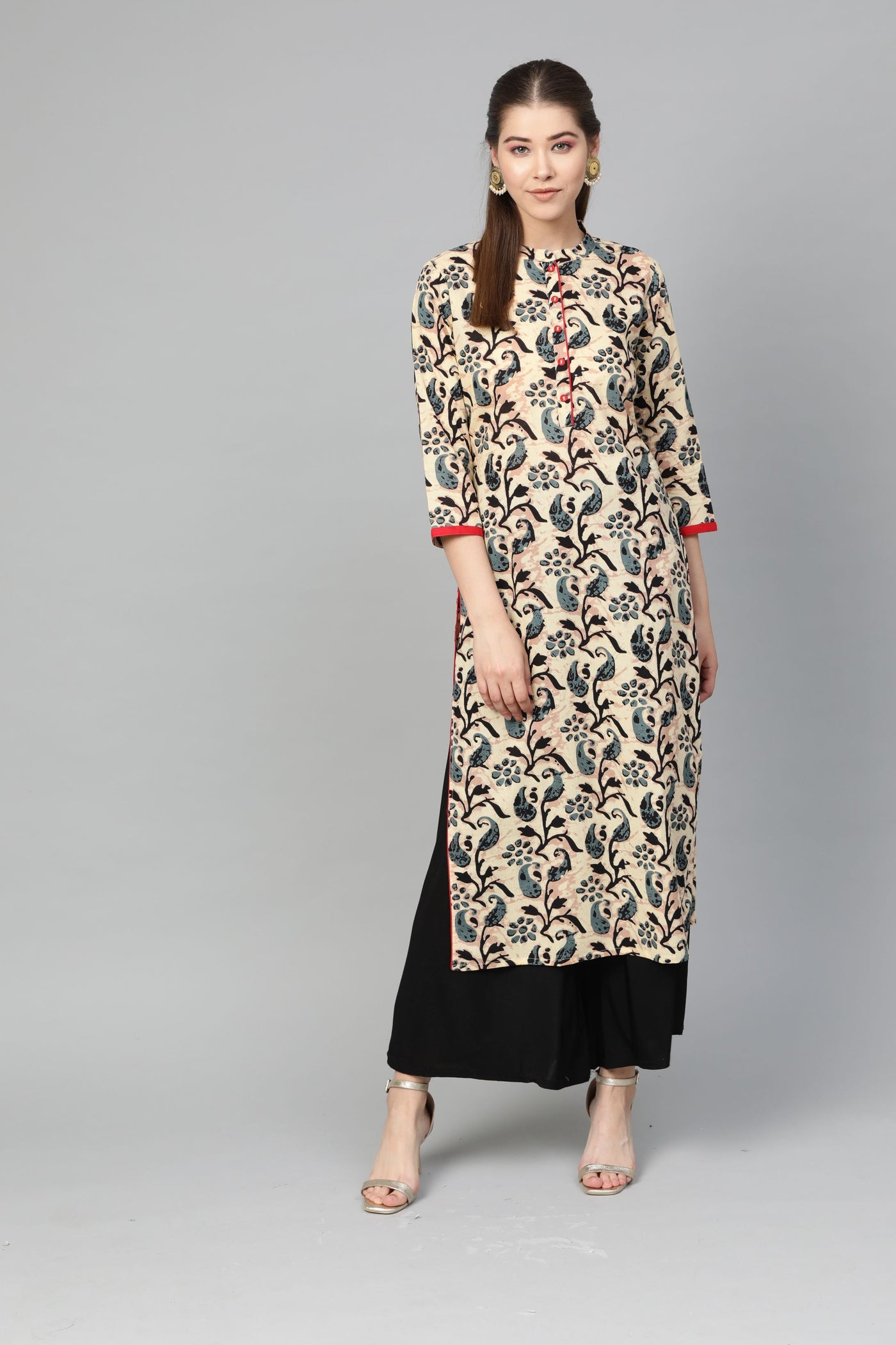 Women's Multi Cotton Printed 3/4 Sleeve Mandarin Neck Casual Kurta Only