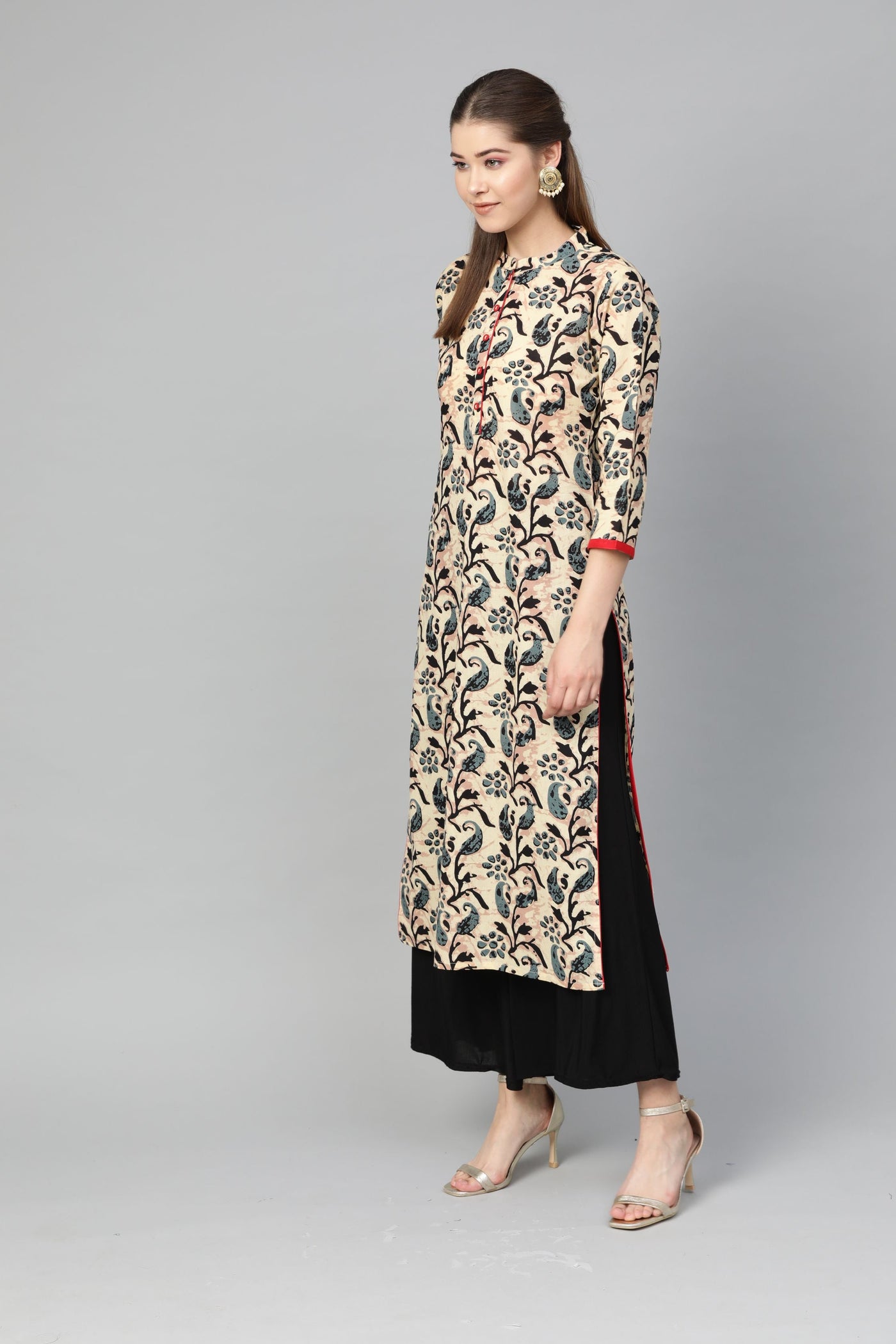 Women's Multi Cotton Printed 3/4 Sleeve Mandarin Neck Casual Kurta Only