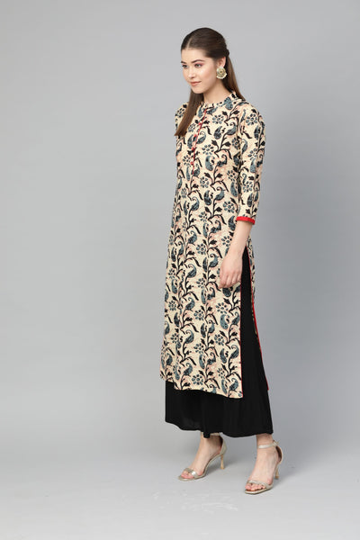 Women's Multi Cotton Printed 3/4 Sleeve Mandarin Neck Casual Kurta Only