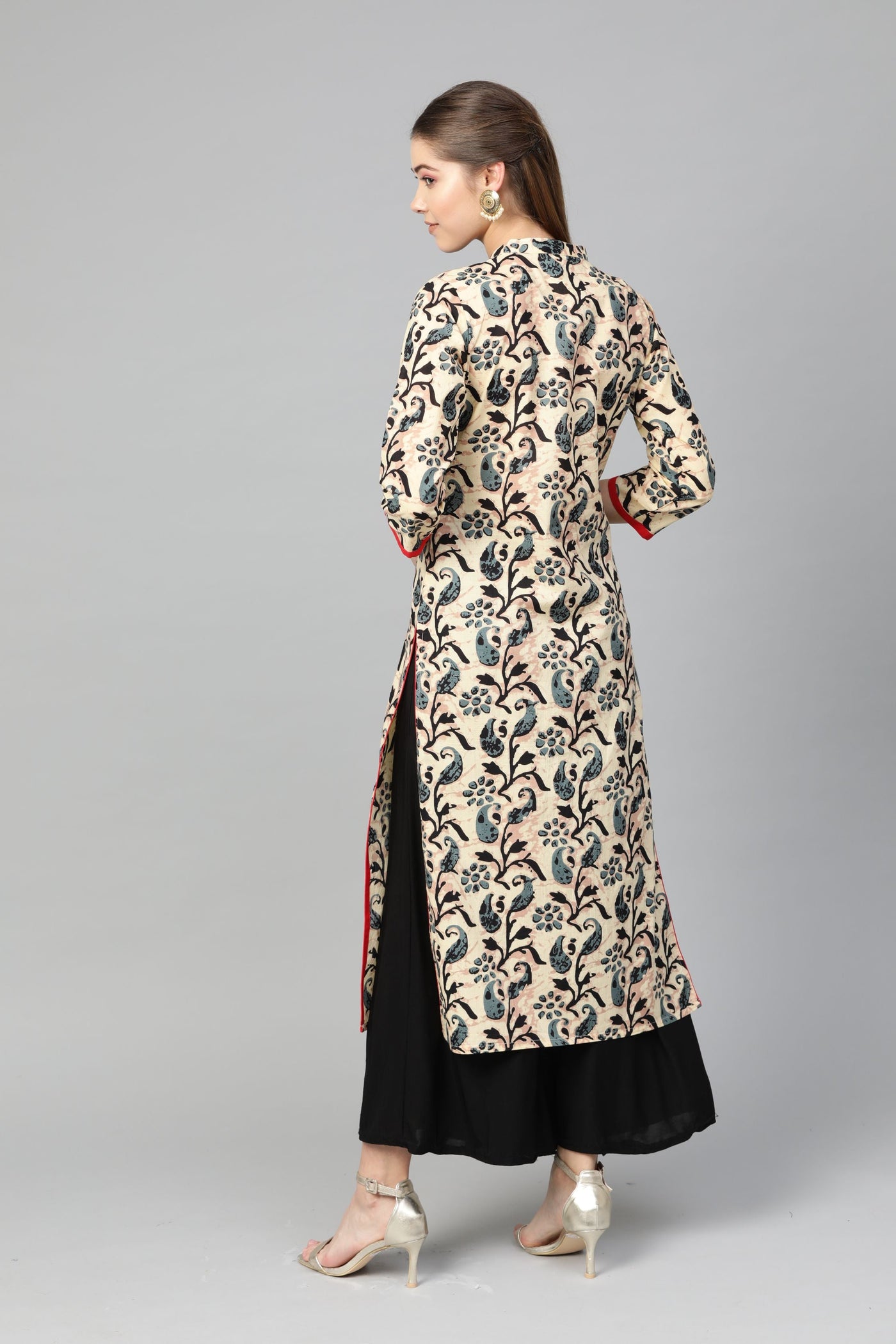 Women's Multi Cotton Printed 3/4 Sleeve Mandarin Neck Casual Kurta Only