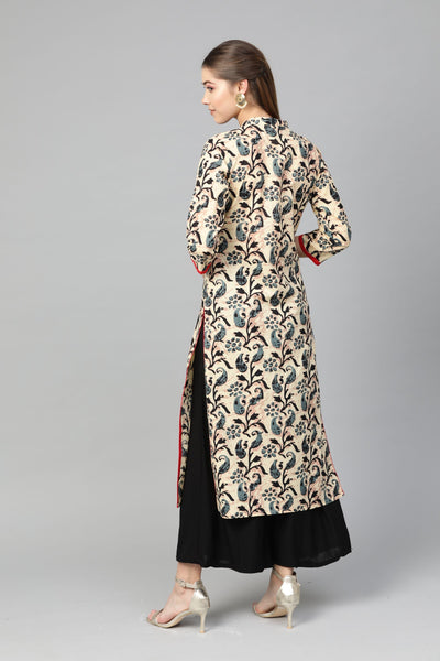 Women's Multi Cotton Printed 3/4 Sleeve Mandarin Neck Casual Kurta Only