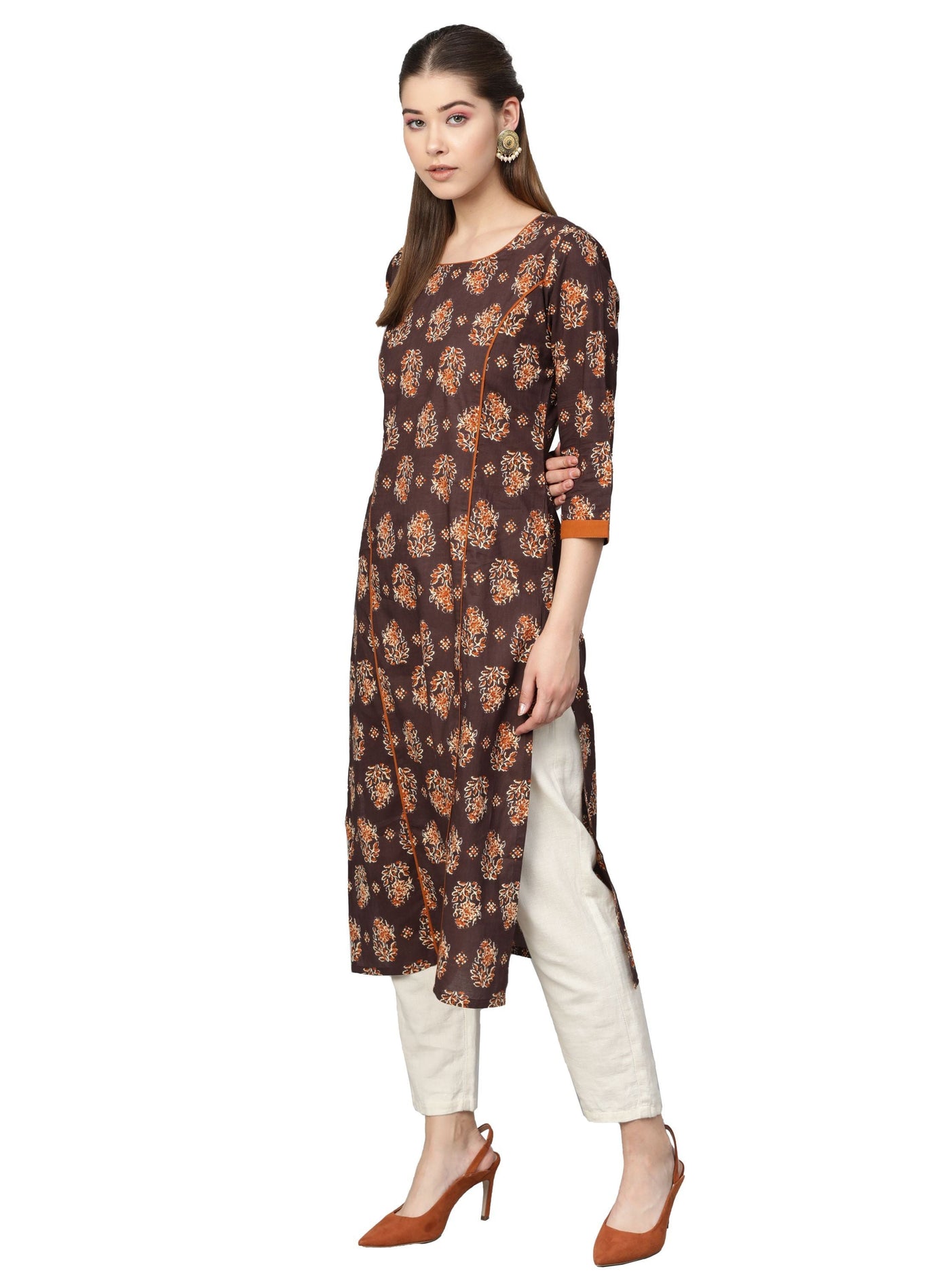 Women's Bwown Cotton Printed 3/4 Sleeve Round Neck Casual Kurta Only