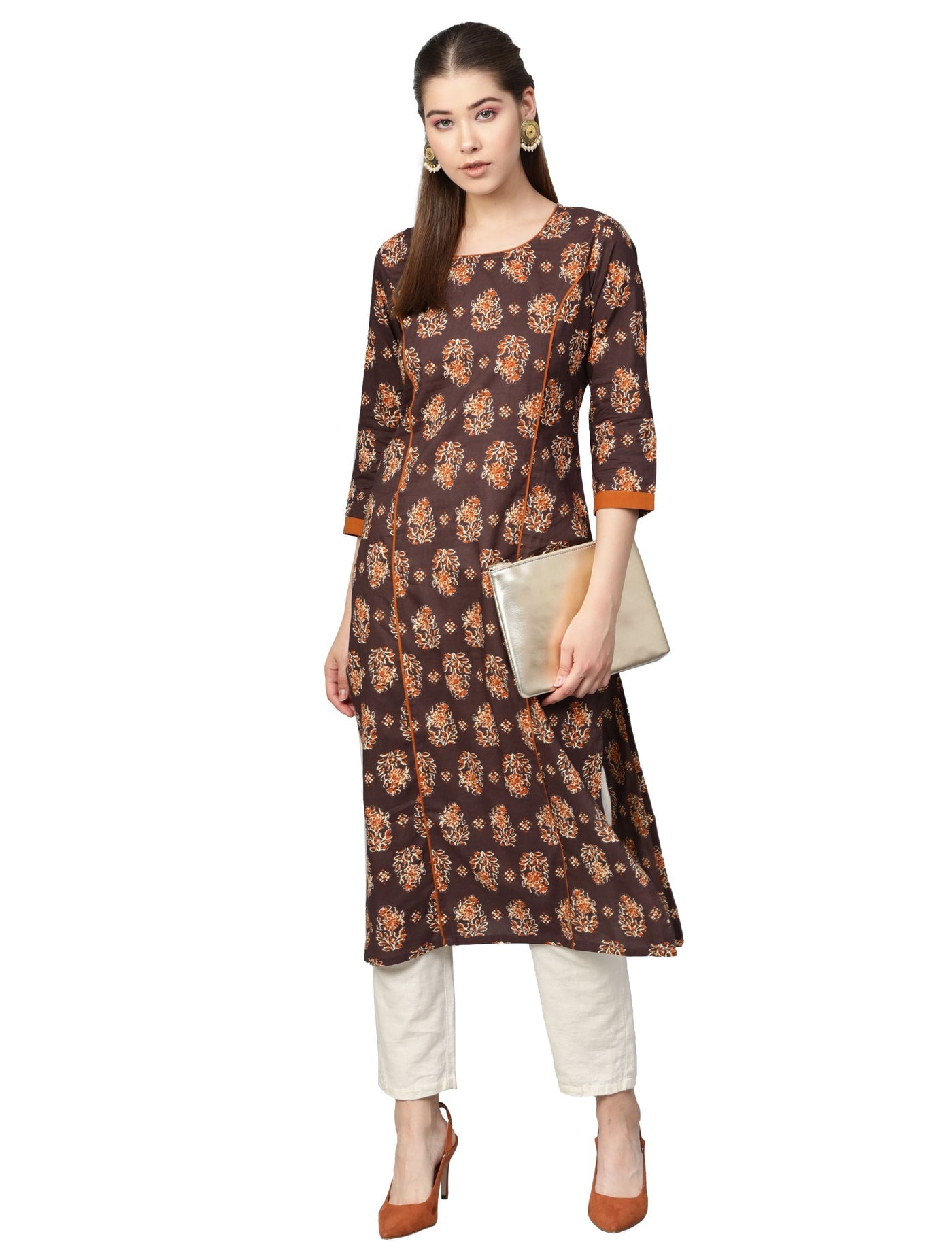 Women's Bwown Cotton Printed 3/4 Sleeve Round Neck Casual Kurta Only