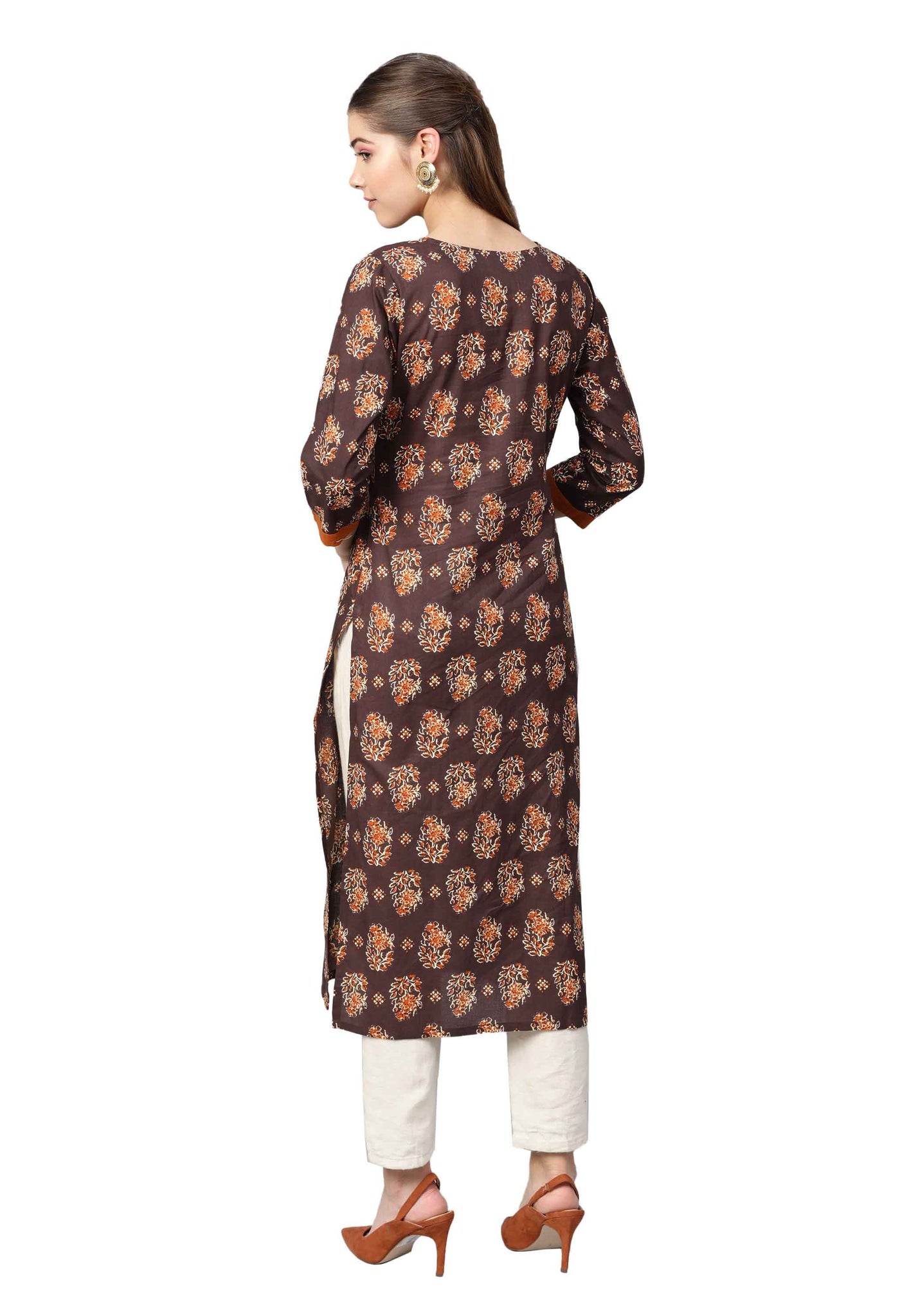 Women's Bwown Cotton Printed 3/4 Sleeve Round Neck Casual Kurta Only