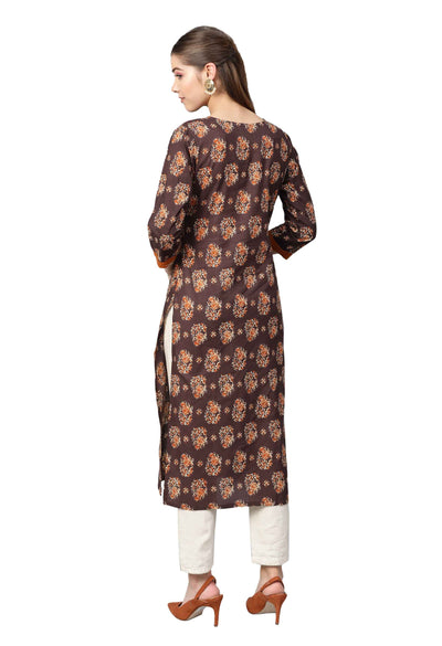 Women's Bwown Cotton Printed 3/4 Sleeve Round Neck Casual Kurta Only