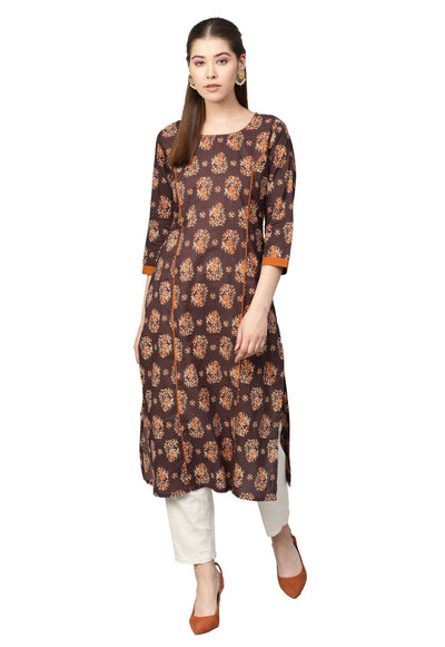 Women's Bwown Cotton Printed 3/4 Sleeve Round Neck Casual Kurta Only