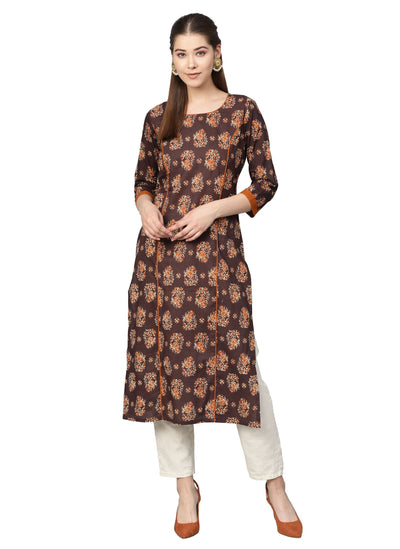 Women's Bwown Cotton Printed 3/4 Sleeve Round Neck Casual Kurta Only