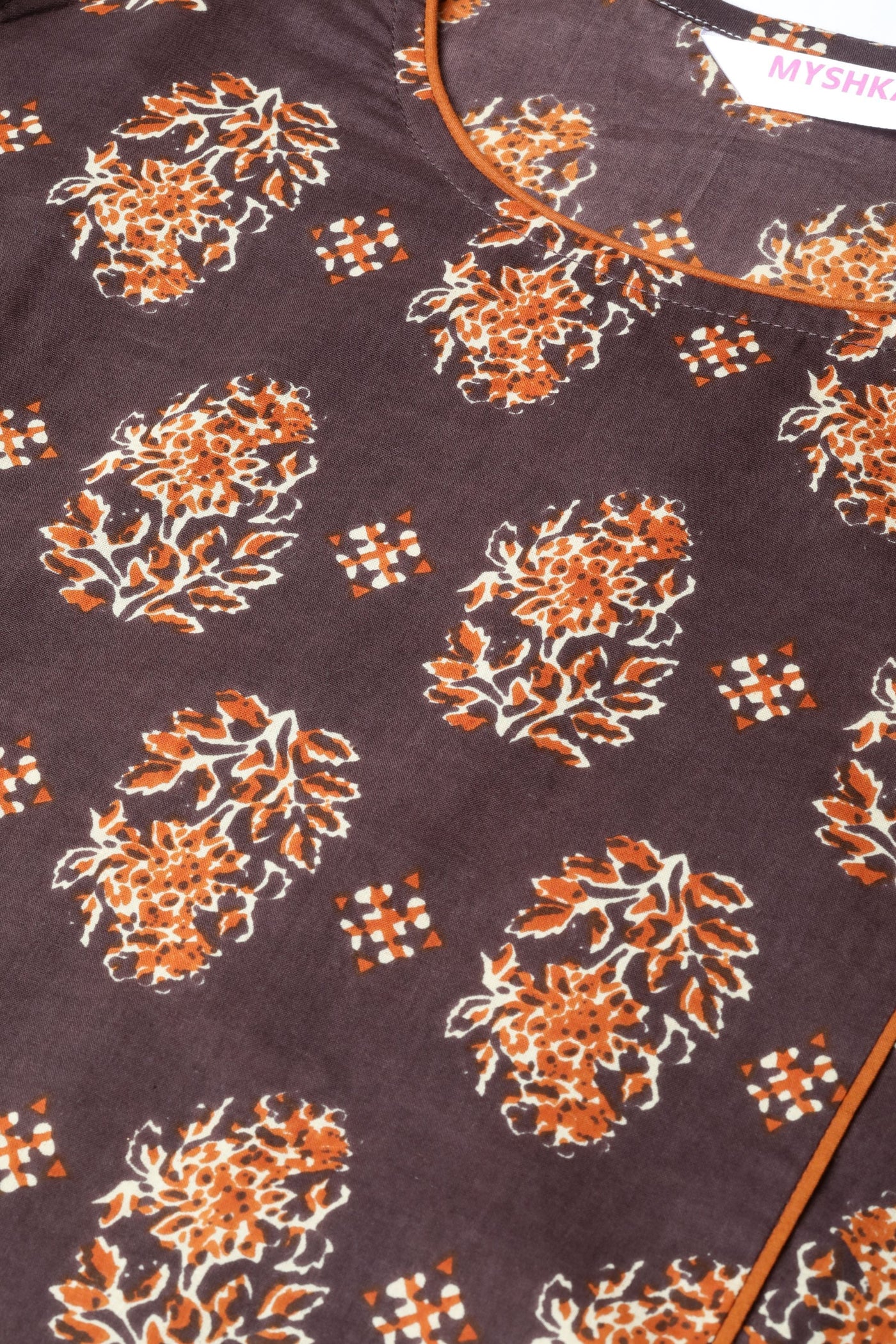 Women's Bwown Cotton Printed 3/4 Sleeve Round Neck Casual Kurta Only