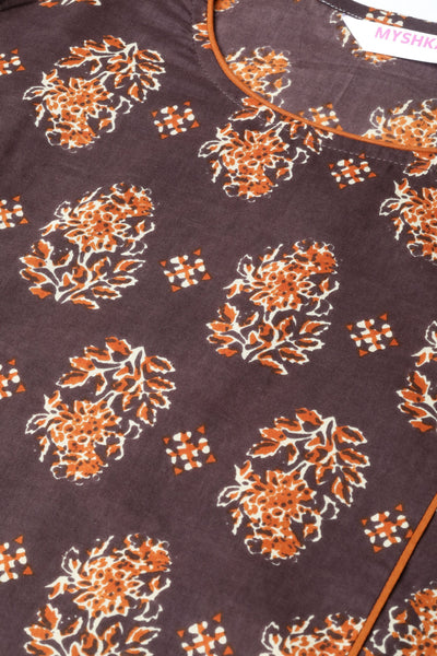 Women's Bwown Cotton Printed 3/4 Sleeve Round Neck Casual Kurta Only