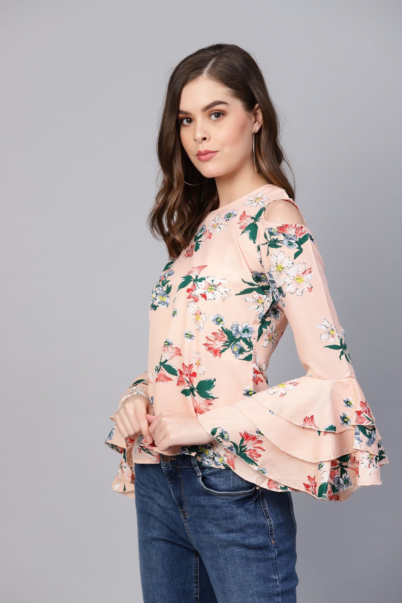 Women's Pink Printed Full Sleeve Round Neck Crepe Casual Top