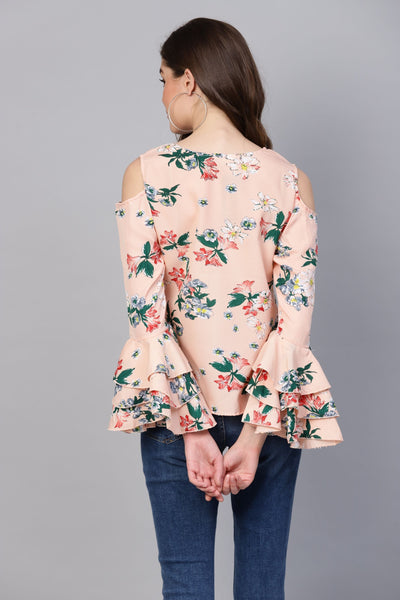 Women's Pink Printed Full Sleeve Round Neck Crepe Casual Top