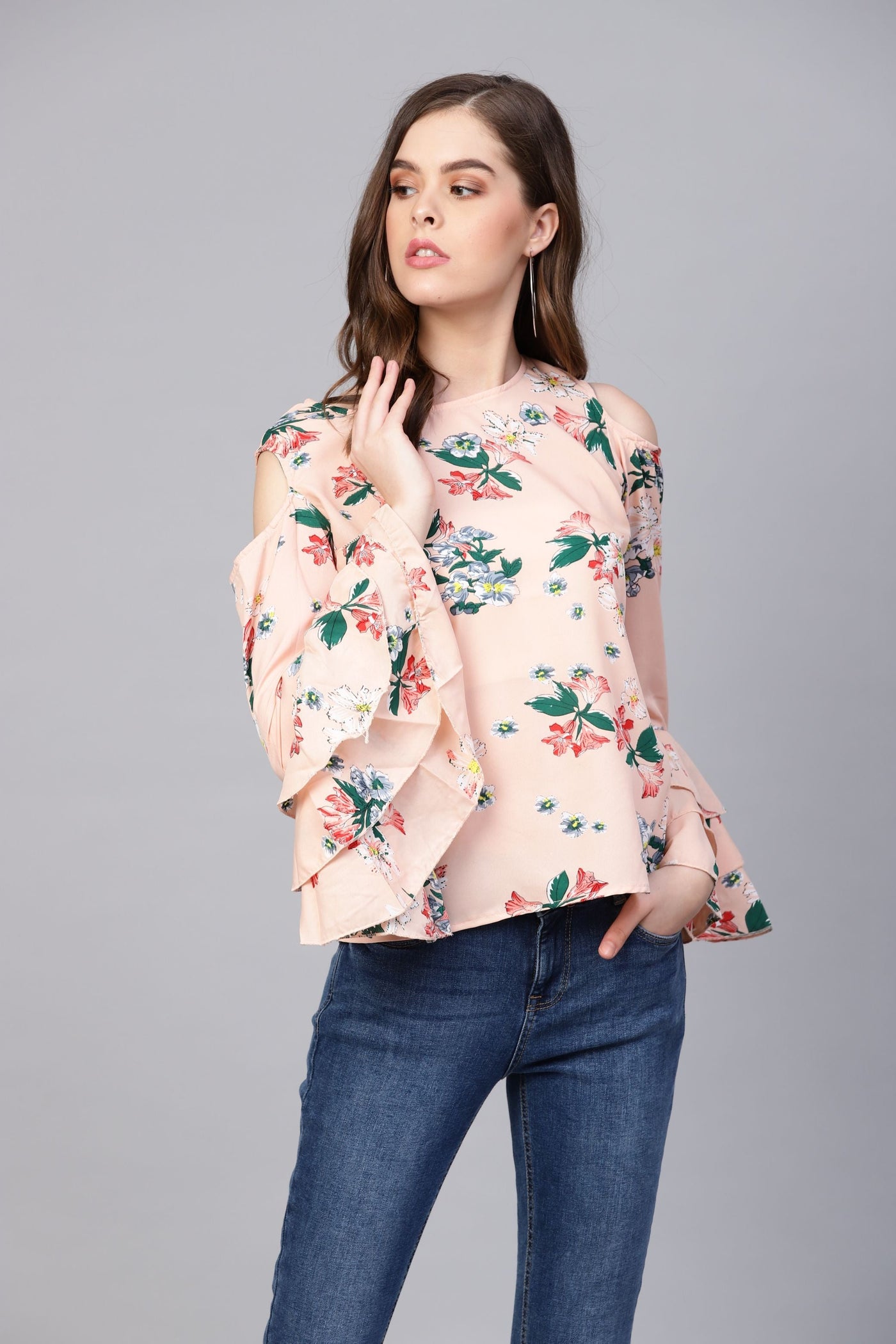 Women's Pink Printed Full Sleeve Round Neck Crepe Casual Top