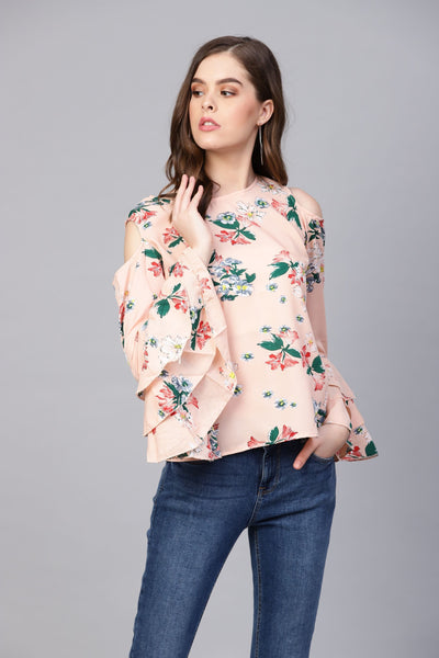 Women's Pink Printed Full Sleeve Round Neck Crepe Casual Top