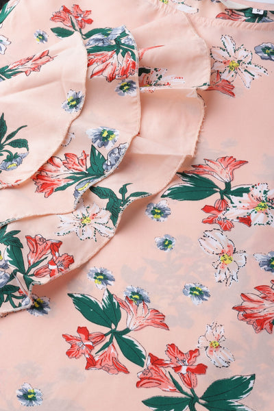 Women's Pink Printed Full Sleeve Round Neck Crepe Casual Top