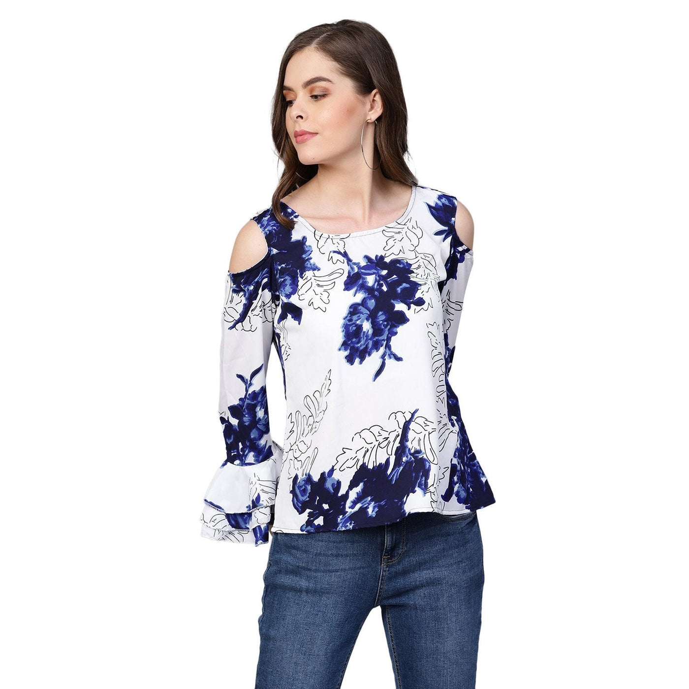 Women's White Printed Bell Sleeve Round Neck Crepe Casual Top