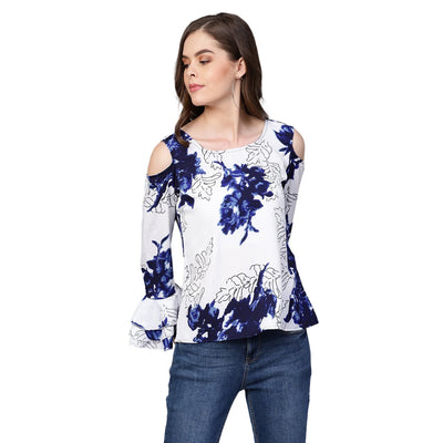 Women's White Printed Bell Sleeve Round Neck Crepe Casual Top