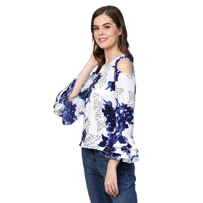 Women's White Printed Bell Sleeve Round Neck Crepe Casual Top