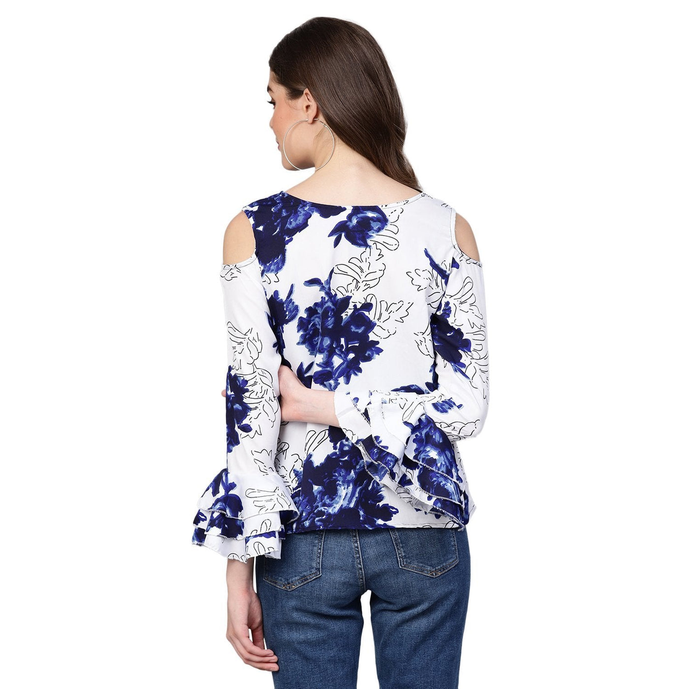 Women's White Printed Bell Sleeve Round Neck Crepe Casual Top