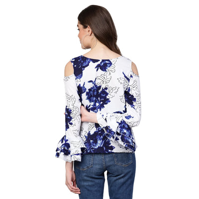 Women's White Printed Bell Sleeve Round Neck Crepe Casual Top